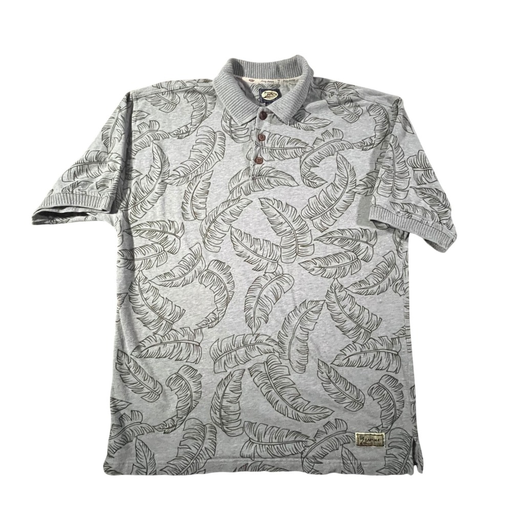 Tommy Bahama Polo Shirt Mens Large‎ Grey Tropical Leaf Print Short Sleeve Cotton
